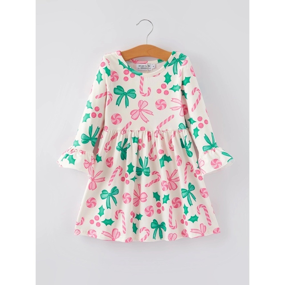 Girls Size 4 Christmas Dress Pink Green Bows Candy Candy Canes Holly Boutique‎
